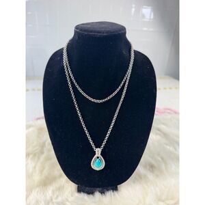 AVON Silver Tone‎ Teardrop Turquoise Pendant Necklace Chain Layered vtg